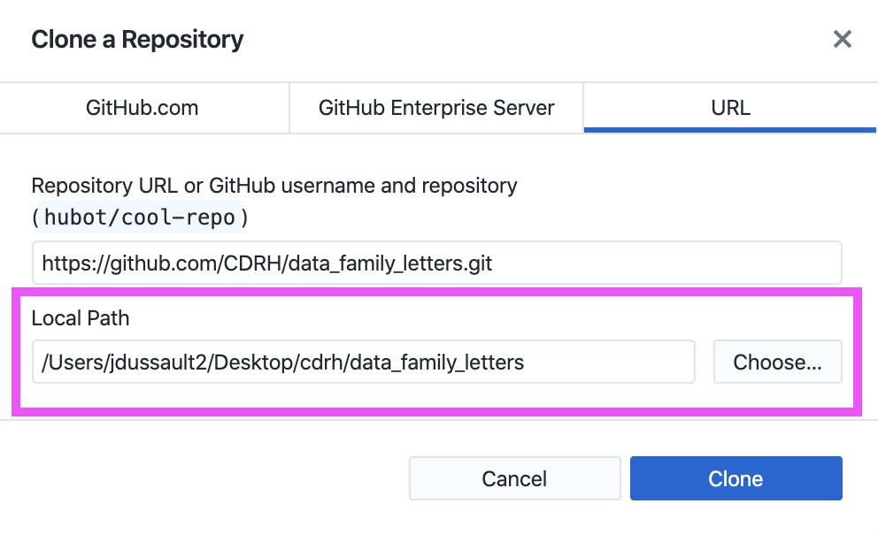 Github Desktop clone screen with filepath highlighted