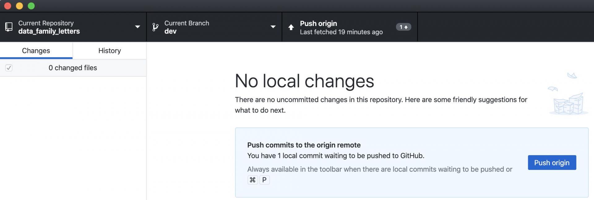 Github Desktop with push indicator of one commit ready