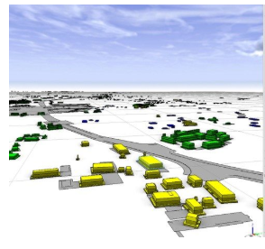 3D rendering of a map with yellow and green models of structures