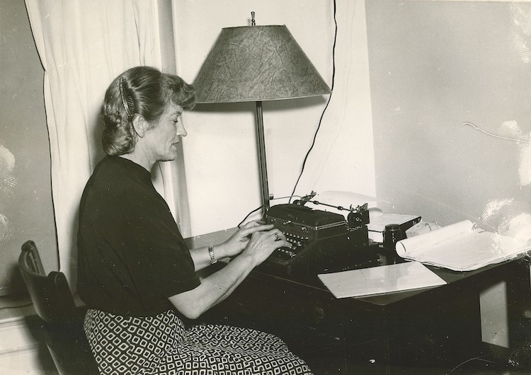 Mari Sandoz in Barnard Hall, University of Wisconsin, during the Writers' Institute, 1948