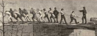 Illustration of men constructing railroad tracks