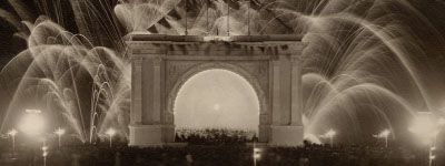 Sepia tone photo of large celebration